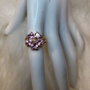 Gold Pink Crystal Flower Ring Size 7